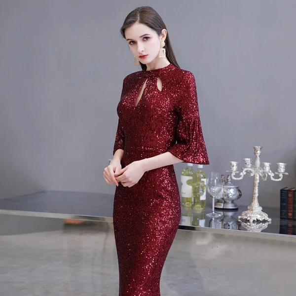 Sparkly Burgundy Sequins Evening Dresses 2020 Trumpet / Mermaid High Neck 3/4 Sleeve Bell sleeves Floor-Length / Long Ruffle Formal Dresses