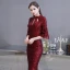 Sparkly Burgundy Sequins Evening Dresses  2020 Trumpet / Mermaid High Neck 3/4 Sleeve Bell sleeves Floor-Length / Long Ruffle Formal Dresses