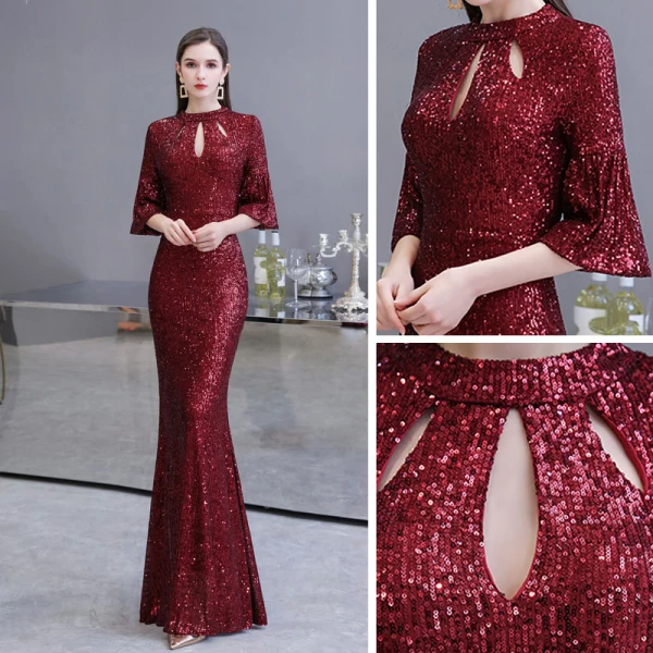 Sparkly Burgundy Sequins Evening Dresses 2020 Trumpet / Mermaid High Neck 3/4 Sleeve Bell sleeves Floor-Length / Long Ruffle Formal Dresses