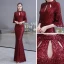 Sparkly Burgundy Sequins Evening Dresses  2020 Trumpet / Mermaid High Neck 3/4 Sleeve Bell sleeves Floor-Length / Long Ruffle Formal Dresses
