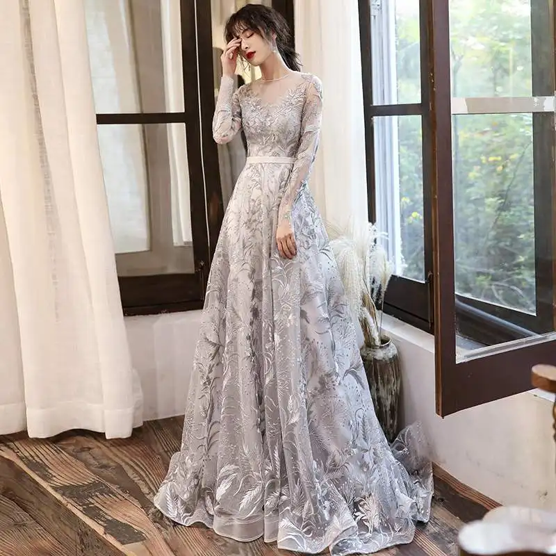 navy blue dress for baby girl Elegant Grey See Through Evening Dresses 2020 A Line Princess Scoop Neck  Long Sleeve Appliques Lace Sweep Train Ruffle Formal Dresses