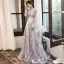 Eleganckie Szary Przezroczyste Sukienki Wieczorowe 2020 Princessa Wycięciem Długie Rękawy Aplikacje Z Koronki Trenem Sweep Wzburzyć Sukienki Wizytowe