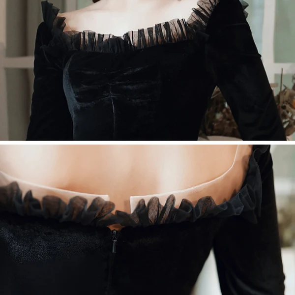 Vintage Svarta Velour Vinter Festklänningar 2020 Trumpet / Sjöjungfru Fyrkantig Ringning Långärmad Te-längd Ruffle Halterneck Formella Klänningar