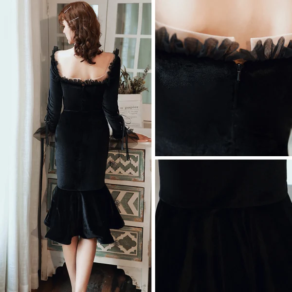 Vintage Svarta Velour Vinter Festklänningar 2020 Trumpet / Sjöjungfru Fyrkantig Ringning Långärmad Te-längd Ruffle Halterneck Formella Klänningar