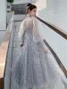 Victorian Style Grey See-through Homecoming Graduation Dresses 2020 A-Line / Princess High Neck Puffy Long Sleeve Appliques Spotted Beading Ankle Length Ruffle Backless Formal Dresses