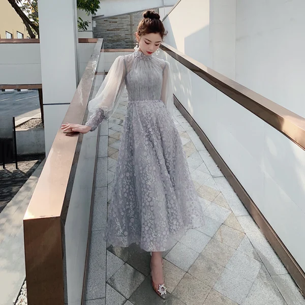 graduation dress high neck Buy Siaoryne Elegant Scoop Neck Lace Blue Long Prom Dress Graduation Gown