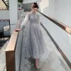 Victorian Style Grey See-through Homecoming Graduation Dresses 2020 A-Line / Princess High Neck Puffy Long Sleeve Appliques Spotted Beading Ankle Length Ruffle Backless Formal Dresses