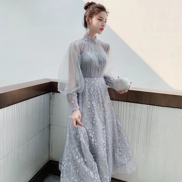 Victorian Style Grey See-through Homecoming Graduation Dresses 2020 A-Line / Princess High Neck Puffy Long Sleeve Appliques Spotted Beading Ankle Length Ruffle Backless Formal Dresses