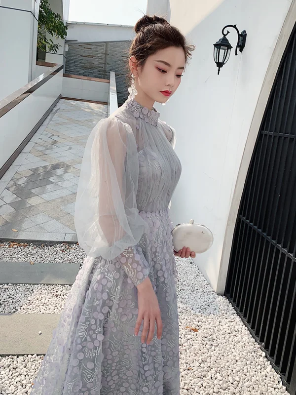 Victorian Style Grey See-through Homecoming Graduation Dresses 2020 A-Line / Princess High Neck Puffy Long Sleeve Appliques Spotted Beading Ankle Length Ruffle Backless Formal Dresses