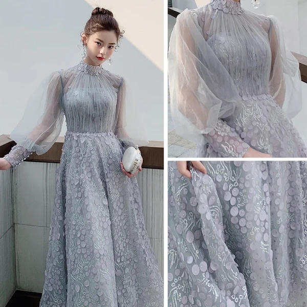 Victorian Style Grey See-through Homecoming Graduation Dresses 2020 A-Line / Princess High Neck Puffy Long Sleeve Appliques Spotted Beading Ankle Length Ruffle Backless Formal Dresses