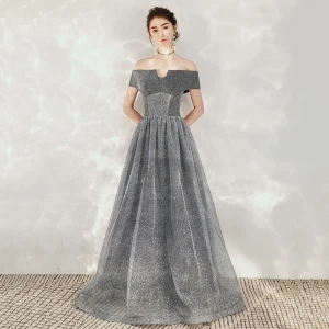 Ciel Étoilé Gris Dansant Robe De Bal 2020 Princesse De L 039 Épaule Manches Courtes Glitter Tulle Longue Dos Nu Robe De Ceremonie