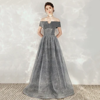 Ciel Étoilé Gris Dansant Robe De Bal 2020 Princesse De L 039 Épaule Manches Courtes Glitter Tulle Longue Dos Nu Robe De Ceremonie