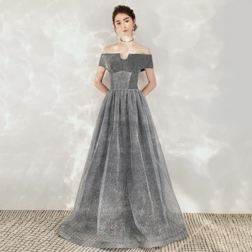 Ciel Étoilé Gris Dansant Robe De Bal 2020 Princesse De L 039 Épaule Manches Courtes Glitter Tulle Longue Dos Nu Robe De Ceremonie