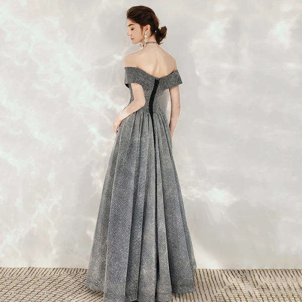 Starry Sky Grey Dancing Prom Dresses 2020 A-Line / Princess Off-The-Shoulder Short Sleeve Glitter Tulle Floor-Length / Long Backless Formal Dresses