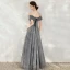 Starry Sky Grey Dancing Prom Dresses 2020 A-Line / Princess Off-The-Shoulder Short Sleeve Glitter Tulle Floor-Length / Long Backless Formal Dresses