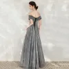 Starry Sky Grey Dancing Prom Dresses 2020 A-Line / Princess Off-The-Shoulder Short Sleeve Glitter Tulle Floor-Length / Long Backless Formal Dresses