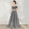 Starry Sky Grey Dancing Prom Dresses 2020 A-Line / Princess Off-The-Shoulder Short Sleeve Glitter Tulle Floor-Length / Long Backless Formal Dresses