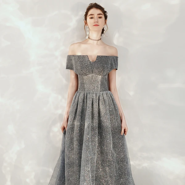 Starry Sky Grey Dancing Prom Dresses 2020 A-Line / Princess Off-The-Shoulder Short Sleeve Glitter Tulle Floor-Length / Long Backless Formal Dresses