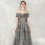 Starry Sky Grey Dancing Prom Dresses 2020 A-Line / Princess Off-The-Shoulder Short Sleeve Glitter Tulle Floor-Length / Long Backless Formal Dresses