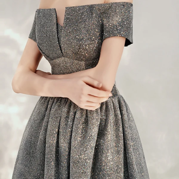 Starry Sky Grey Dancing Prom Dresses 2020 A-Line / Princess Off-The-Shoulder Short Sleeve Glitter Tulle Floor-Length / Long Backless Formal Dresses