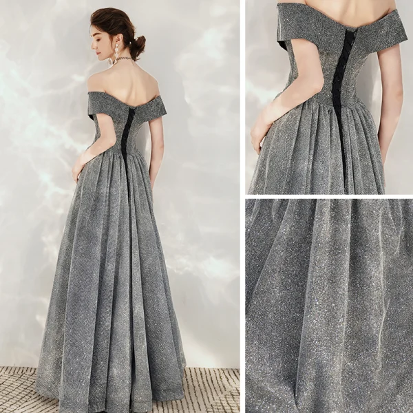 Starry Sky Grey Dancing Prom Dresses 2020 A-Line / Princess Off-The-Shoulder Short Sleeve Glitter Tulle Floor-Length / Long Backless Formal Dresses