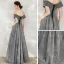 Starry Sky Grey Dancing Prom Dresses 2020 A-Line / Princess Off-The-Shoulder Short Sleeve Glitter Tulle Floor-Length / Long Backless Formal Dresses