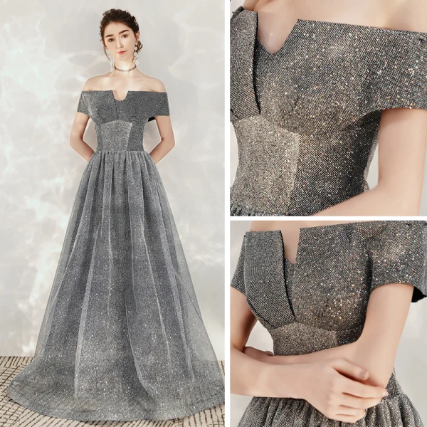 Starry Sky Grey Dancing Prom Dresses 2020 A-Line / Princess Off-The-Shoulder Short Sleeve Glitter Tulle Floor-Length / Long Backless Formal Dresses