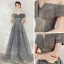 Starry Sky Grey Dancing Prom Dresses 2020 A-Line / Princess Off-The-Shoulder Short Sleeve Glitter Tulle Floor-Length / Long Backless Formal Dresses