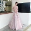Chic / Beautiful Blushing Pink Evening Dresses  2020 A-Line / Princess Off-The-Shoulder Short Sleeve Spotted Tulle Appliques Flower Beading Pearl Sash Floor-Length / Long Ruffle Backless Formal Dresses