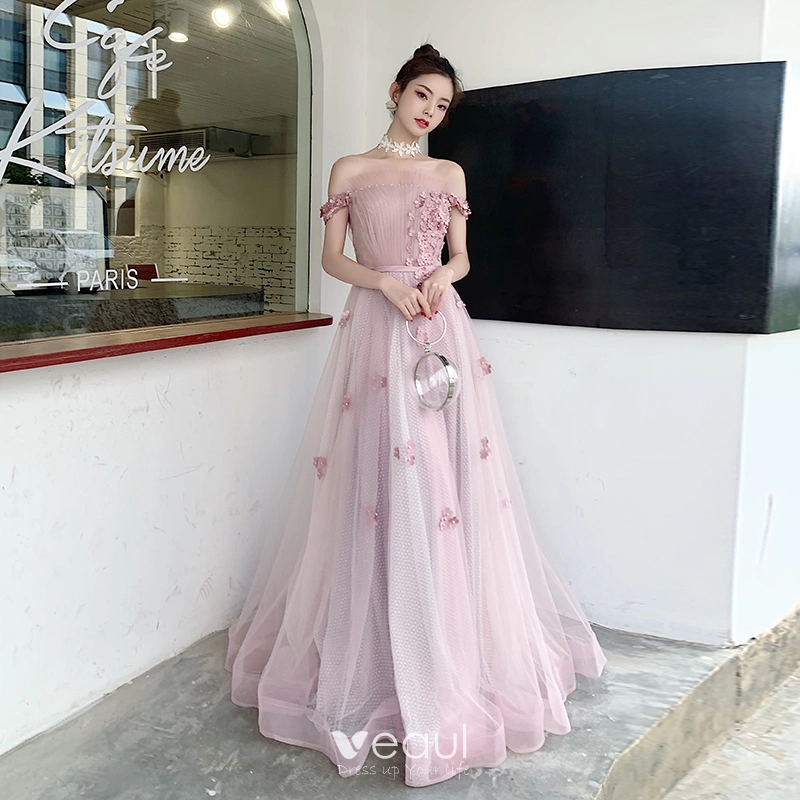 Chic Beautiful Blushing Pink Evening Dresses 2020 A Line Princess Off The Shoulder Short Sleeve Spotted Tulle Appliques Flower Beading Pearl Sash Floor Length Long Ruffle Backless Formal Dresses