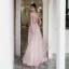 Chic / Beautiful Blushing Pink Evening Dresses  2020 A-Line / Princess Off-The-Shoulder Short Sleeve Spotted Tulle Appliques Flower Beading Pearl Sash Floor-Length / Long Ruffle Backless Formal Dresses