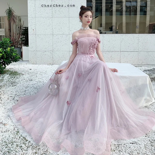 Chic / Beautiful Blushing Pink Evening Dresses  2020 A-Line / Princess Off-The-Shoulder Short Sleeve Spotted Tulle Appliques Flower Beading Pearl Sash Floor-Length / Long Ruffle Backless Formal Dresses