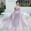 Chic / Beautiful Blushing Pink Evening Dresses  2020 A-Line / Princess Off-The-Shoulder Short Sleeve Spotted Tulle Appliques Flower Beading Pearl Sash Floor-Length / Long Ruffle Backless Formal Dresses