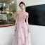 Chic / Beautiful Blushing Pink Evening Dresses  2020 A-Line / Princess Off-The-Shoulder Short Sleeve Spotted Tulle Appliques Flower Beading Pearl Sash Floor-Length / Long Ruffle Backless Formal Dresses