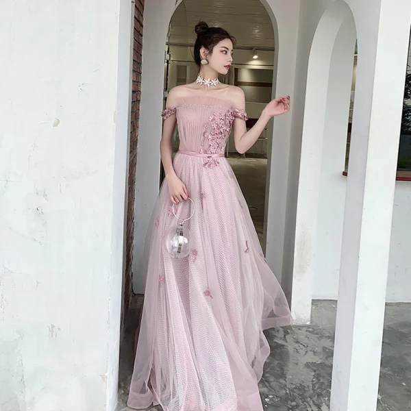 Chic / Beautiful Blushing Pink Evening Dresses  2020 A-Line / Princess Off-The-Shoulder Short Sleeve Spotted Tulle Appliques Flower Beading Pearl Sash Floor-Length / Long Ruffle Backless Formal Dresses