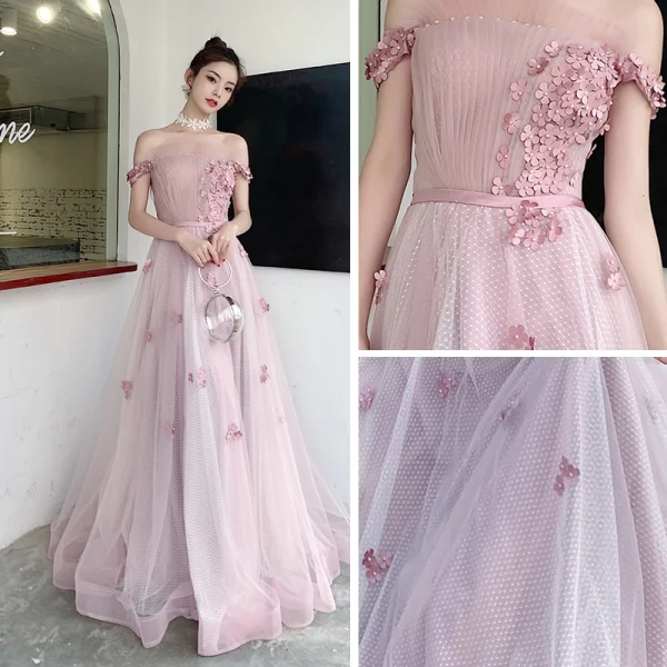 Chic / Beautiful Blushing Pink Evening Dresses  2020 A-Line / Princess Off-The-Shoulder Short Sleeve Spotted Tulle Appliques Flower Beading Pearl Sash Floor-Length / Long Ruffle Backless Formal Dresses