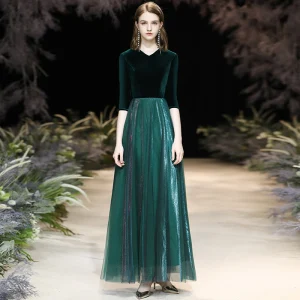 Affordable Dark Green Suede Winter Evening Dresses 2020 A Line Princess V Neck 1 2 Sleeves Floor Length Long Ruffle Formal Dresses