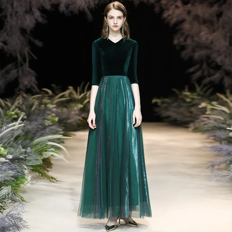green emerald velvet dress Zapaka Women Dark Green Prom Dress with Slit Sparkly A-Line V-Neck Formal Dress, Dark Green / S main image 0