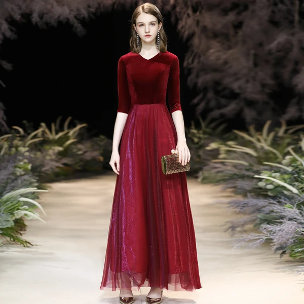 Affordable Dark Green Suede Winter Evening Dresses  2020 A-Line / Princess V-Neck 1/2 Sleeves Floor-Length / Long Ruffle Formal Dresses