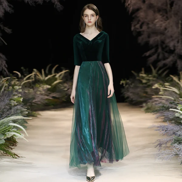 Affordable Dark Green Suede Winter Evening Dresses  2020 A-Line / Princess V-Neck 1/2 Sleeves Floor-Length / Long Ruffle Formal Dresses
