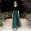 Affordable Dark Green Suede Winter Evening Dresses  2020 A-Line / Princess V-Neck 1/2 Sleeves Floor-Length / Long Ruffle Formal Dresses