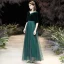 Affordable Dark Green Suede Winter Evening Dresses  2020 A-Line / Princess V-Neck 1/2 Sleeves Floor-Length / Long Ruffle Formal Dresses