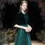 Affordable Dark Green Suede Winter Evening Dresses  2020 A-Line / Princess V-Neck 1/2 Sleeves Floor-Length / Long Ruffle Formal Dresses