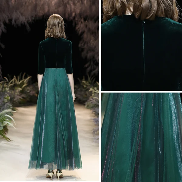 Affordable Dark Green Suede Winter Evening Dresses 2020 A-Line / Princess V-Neck 1/2 Sleeves Floor-Length / Long Ruffle Formal Dresses Affordable Dark Green Suede Winter Evening Dresses 2020 A-Line / Princess V-Neck 1/2 Sleeves Floor-Length / Long Ruffle Formal Dresses