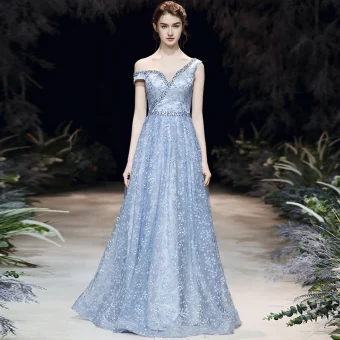 Chic Beautiful Sky Blue Evening Dresses 2020 A Line Princess One Shoulder Short Sleeve Beading Appliques Lace Floor Length Long Ruffle Backless Formal Dresses
