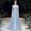 Chic / Belle Bleu Ciel Robe De Soirée 2020 Princesse Une épaule Manches Courtes Perlage Appliques En Dentelle Longue Volants Dos Nu Robe De Ceremonie