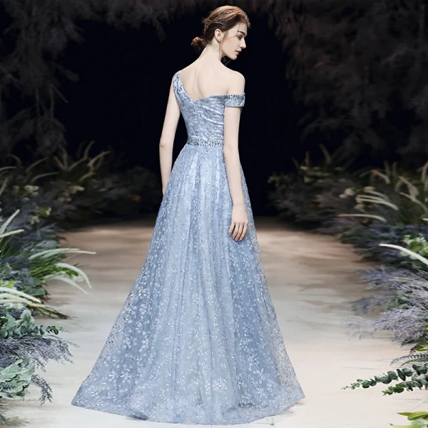 Chic / Belle Bleu Ciel Robe De Soirée 2020 Princesse Une épaule Manches Courtes Perlage Appliques En Dentelle Longue Volants Dos Nu Robe De Ceremonie