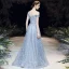 Chic / Belle Bleu Ciel Robe De Soirée 2020 Princesse Une épaule Manches Courtes Perlage Appliques En Dentelle Longue Volants Dos Nu Robe De Ceremonie