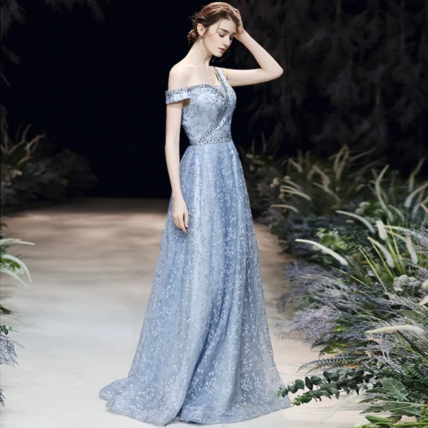 Chic / Belle Bleu Ciel Robe De Soirée 2020 Princesse Une épaule Manches Courtes Perlage Appliques En Dentelle Longue Volants Dos Nu Robe De Ceremonie