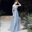 Chic / Belle Bleu Ciel Robe De Soirée 2020 Princesse Une épaule Manches Courtes Perlage Appliques En Dentelle Longue Volants Dos Nu Robe De Ceremonie